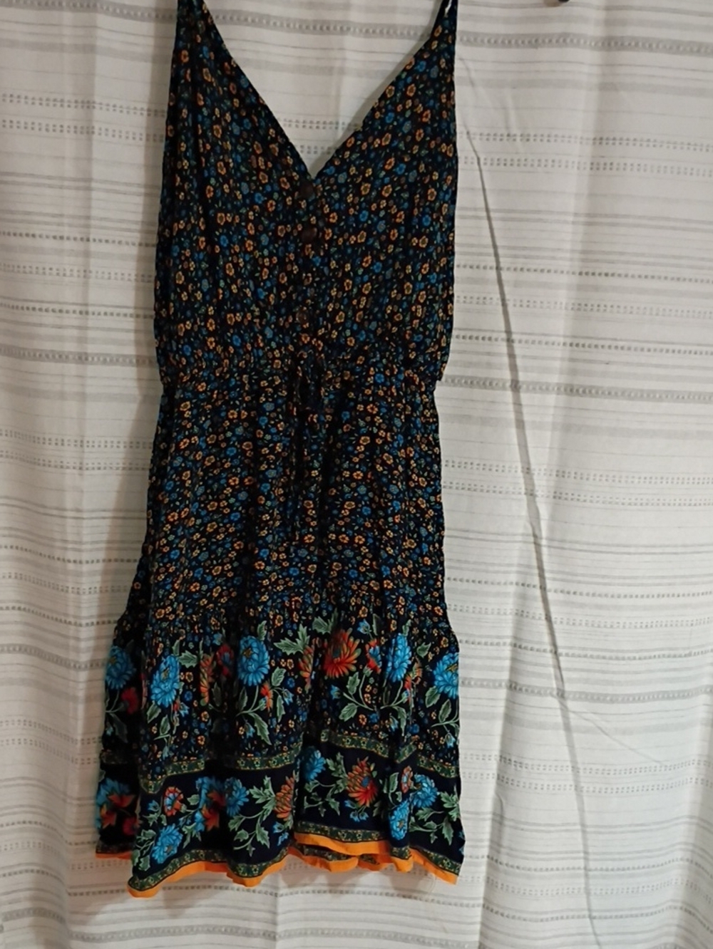 Floral Print Black Mini Dress with Blue and Orange Accents